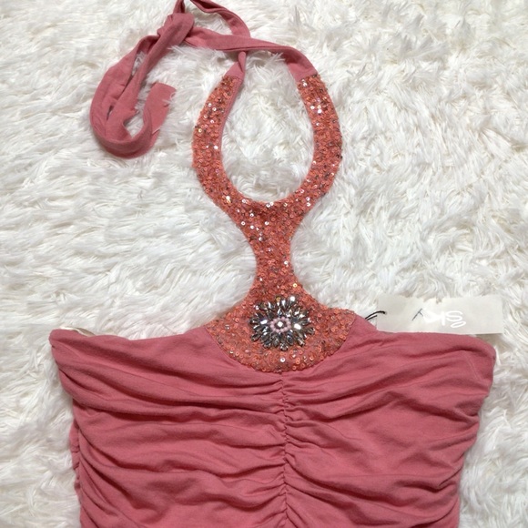 NWT SKY Halter Y2K Stones Ruched Embellished Sequins Girly Sexy Date Romantic M - Picture 2 of 9